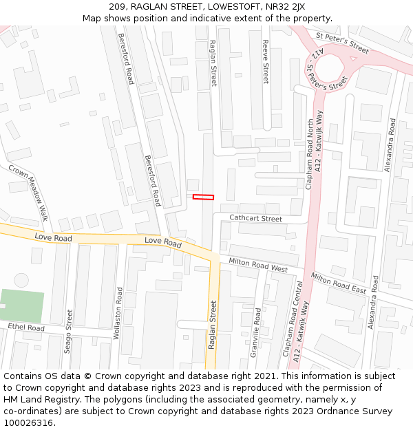 209, RAGLAN STREET, LOWESTOFT, NR32 2JX: Location map and indicative extent of plot
