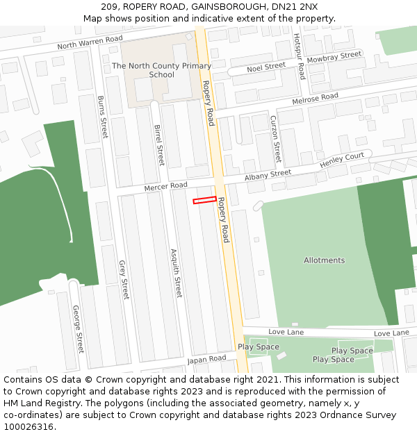 209, ROPERY ROAD, GAINSBOROUGH, DN21 2NX: Location map and indicative extent of plot