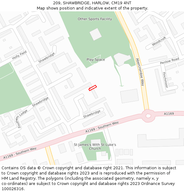 209, SHAWBRIDGE, HARLOW, CM19 4NT: Location map and indicative extent of plot