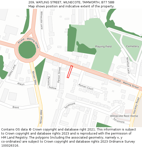 209, WATLING STREET, WILNECOTE, TAMWORTH, B77 5BB: Location map and indicative extent of plot