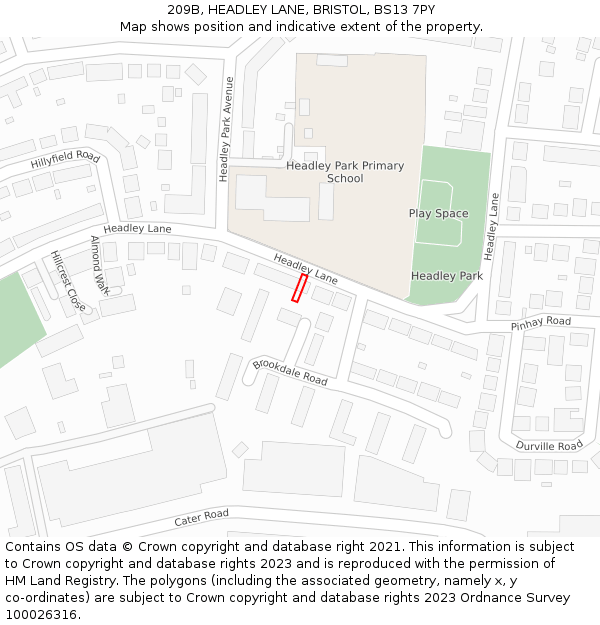 209B, HEADLEY LANE, BRISTOL, BS13 7PY: Location map and indicative extent of plot