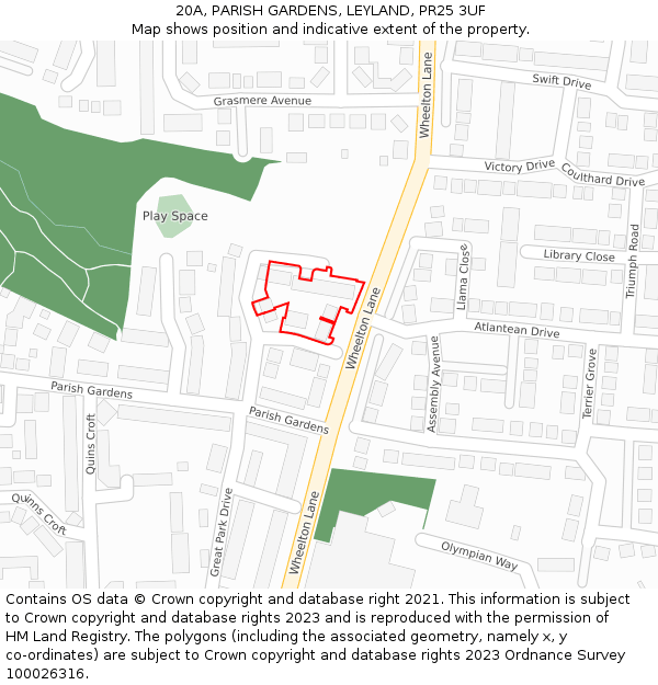 20A, PARISH GARDENS, LEYLAND, PR25 3UF: Location map and indicative extent of plot