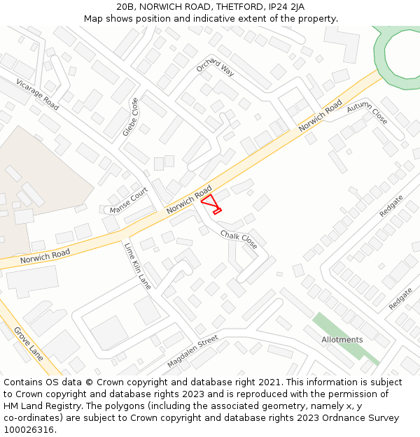 20B, NORWICH ROAD, THETFORD, IP24 2JA: Location map and indicative extent of plot