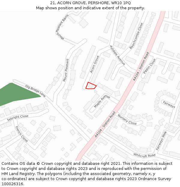 21, ACORN GROVE, PERSHORE, WR10 1PQ: Location map and indicative extent of plot