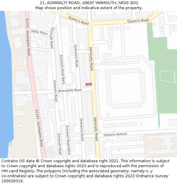 21, ADMIRALTY ROAD, GREAT YARMOUTH, NR30 3DG: Location map and indicative extent of plot