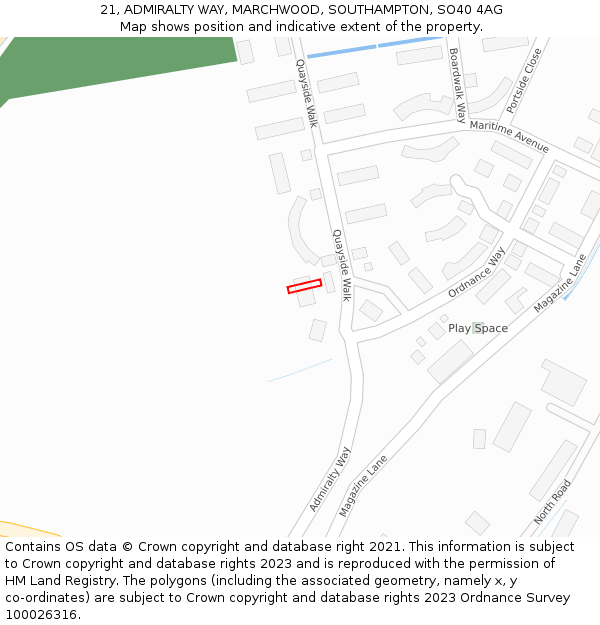 21, ADMIRALTY WAY, MARCHWOOD, SOUTHAMPTON, SO40 4AG: Location map and indicative extent of plot
