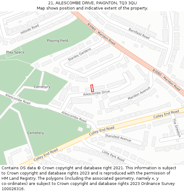 21, AILESCOMBE DRIVE, PAIGNTON, TQ3 3QU: Location map and indicative extent of plot