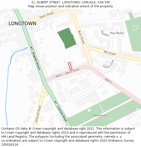 21, ALBERT STREET, LONGTOWN, CARLISLE, CA6 5SF: Location map and indicative extent of plot