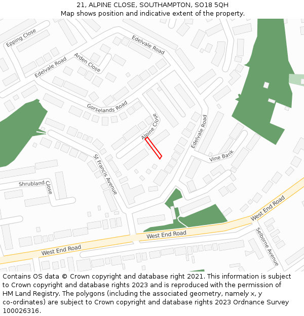 21, ALPINE CLOSE, SOUTHAMPTON, SO18 5QH: Location map and indicative extent of plot