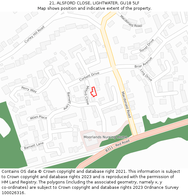 21, ALSFORD CLOSE, LIGHTWATER, GU18 5LF: Location map and indicative extent of plot