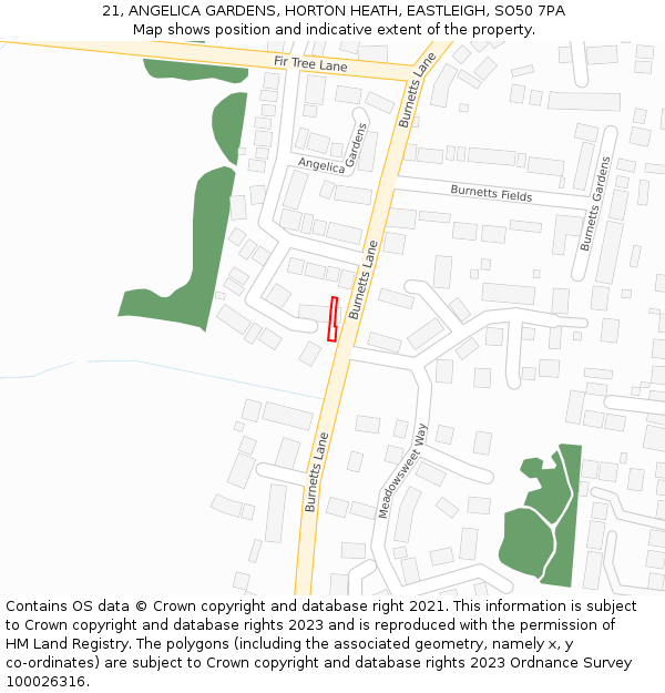 21, ANGELICA GARDENS, HORTON HEATH, EASTLEIGH, SO50 7PA: Location map and indicative extent of plot