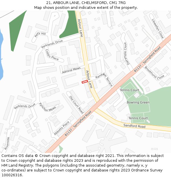 21, ARBOUR LANE, CHELMSFORD, CM1 7RG: Location map and indicative extent of plot
