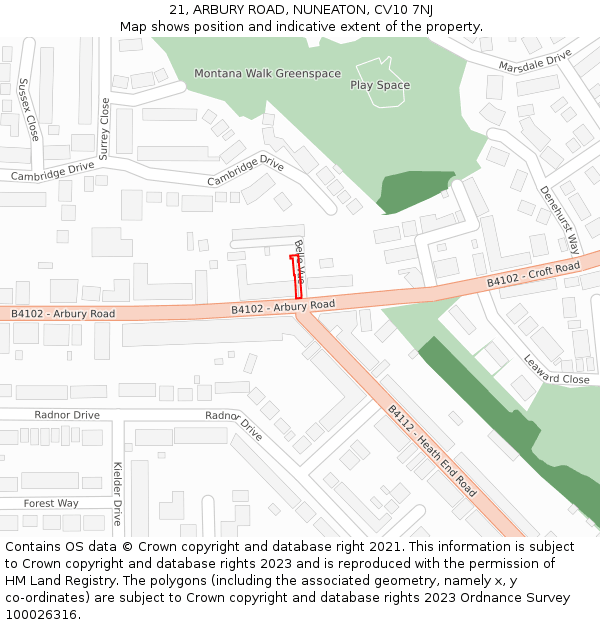 21, ARBURY ROAD, NUNEATON, CV10 7NJ: Location map and indicative extent of plot