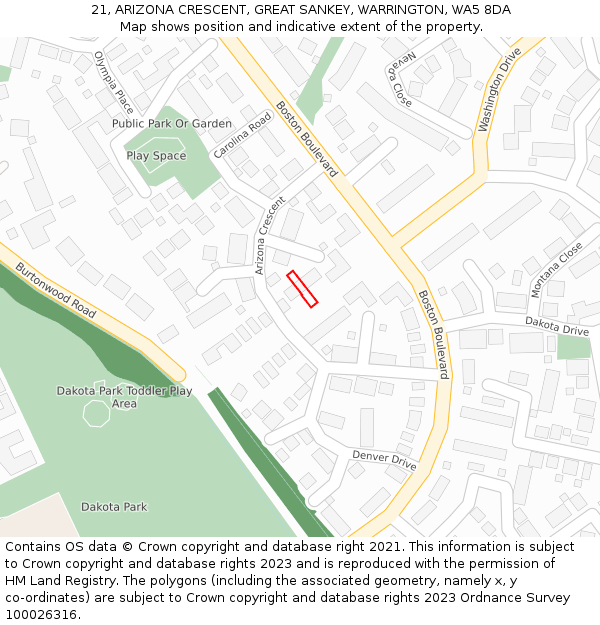 21, ARIZONA CRESCENT, GREAT SANKEY, WARRINGTON, WA5 8DA: Location map and indicative extent of plot