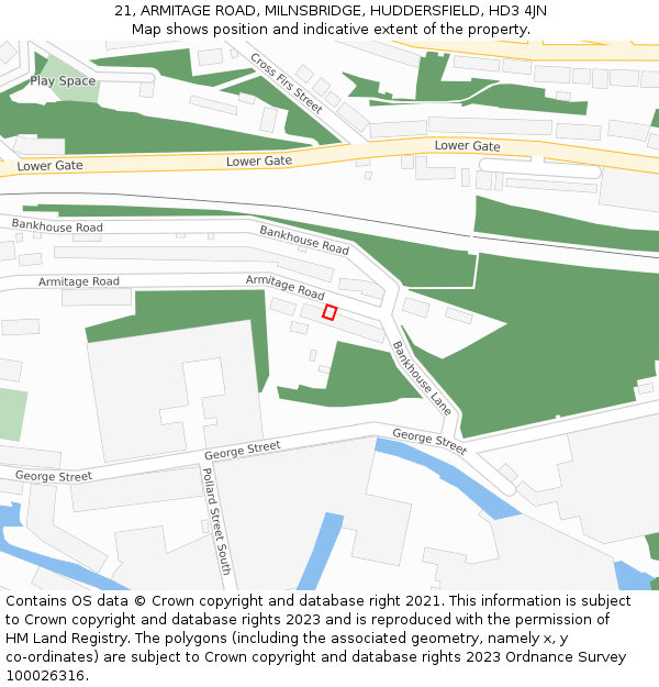 21, ARMITAGE ROAD, MILNSBRIDGE, HUDDERSFIELD, HD3 4JN: Location map and indicative extent of plot