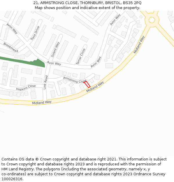 21, ARMSTRONG CLOSE, THORNBURY, BRISTOL, BS35 2PQ: Location map and indicative extent of plot