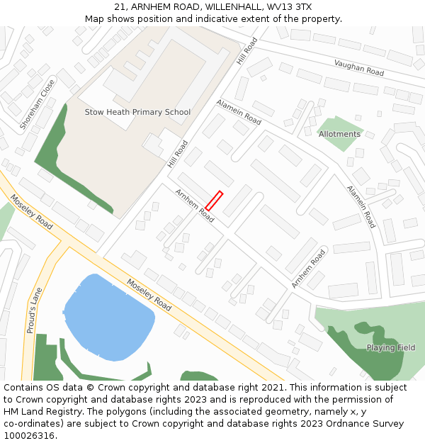 21, ARNHEM ROAD, WILLENHALL, WV13 3TX: Location map and indicative extent of plot