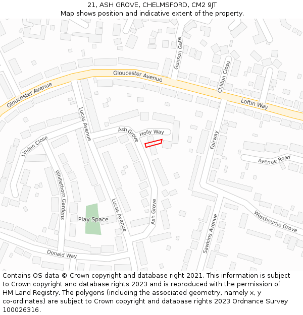 21, ASH GROVE, CHELMSFORD, CM2 9JT: Location map and indicative extent of plot