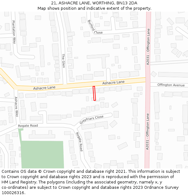 21, ASHACRE LANE, WORTHING, BN13 2DA: Location map and indicative extent of plot