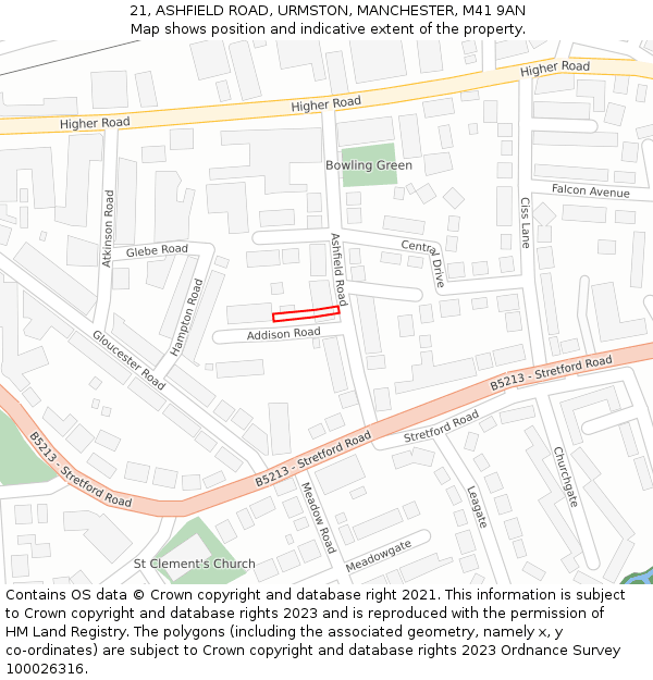 21, ASHFIELD ROAD, URMSTON, MANCHESTER, M41 9AN: Location map and indicative extent of plot