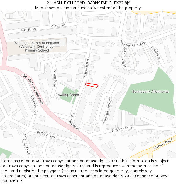 21, ASHLEIGH ROAD, BARNSTAPLE, EX32 8JY: Location map and indicative extent of plot