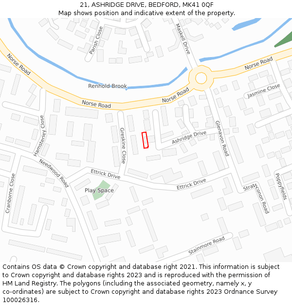 21, ASHRIDGE DRIVE, BEDFORD, MK41 0QF: Location map and indicative extent of plot