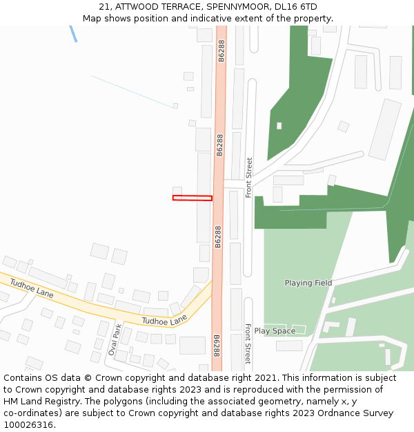 21, ATTWOOD TERRACE, SPENNYMOOR, DL16 6TD: Location map and indicative extent of plot