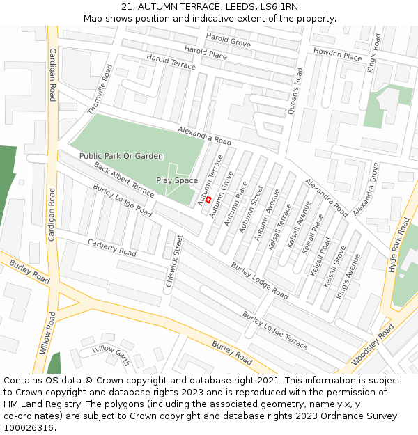 21, AUTUMN TERRACE, LEEDS, LS6 1RN: Location map and indicative extent of plot
