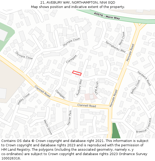 21, AVEBURY WAY, NORTHAMPTON, NN4 0QD: Location map and indicative extent of plot