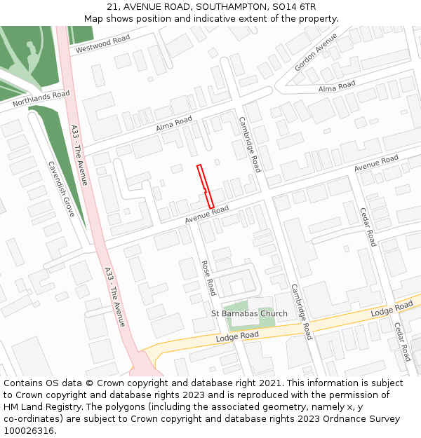 21, AVENUE ROAD, SOUTHAMPTON, SO14 6TR: Location map and indicative extent of plot