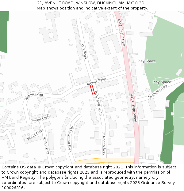 21, AVENUE ROAD, WINSLOW, BUCKINGHAM, MK18 3DH: Location map and indicative extent of plot