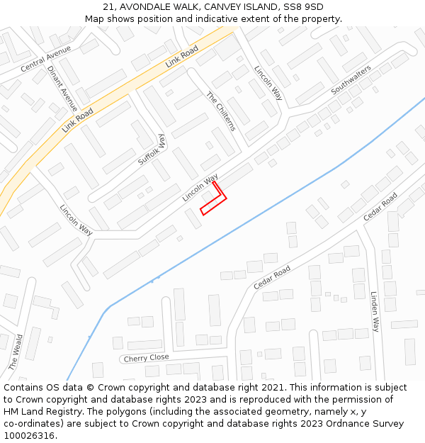 21, AVONDALE WALK, CANVEY ISLAND, SS8 9SD: Location map and indicative extent of plot
