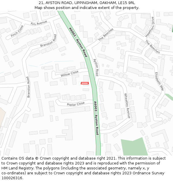 21, AYSTON ROAD, UPPINGHAM, OAKHAM, LE15 9RL: Location map and indicative extent of plot