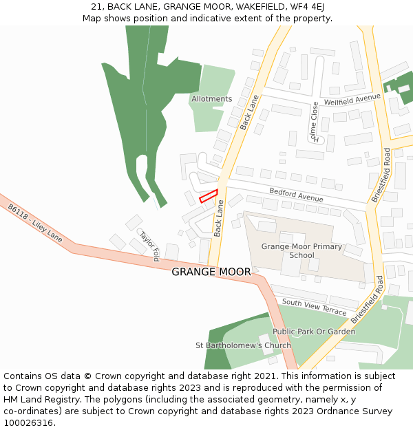 21, BACK LANE, GRANGE MOOR, WAKEFIELD, WF4 4EJ: Location map and indicative extent of plot