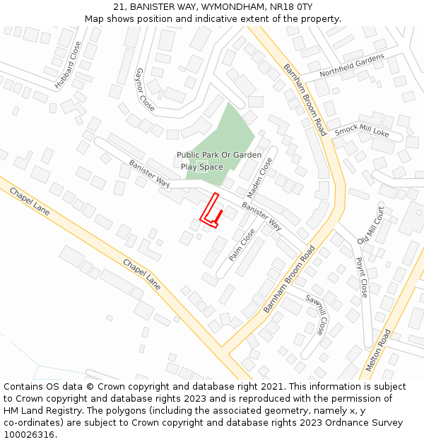 21, BANISTER WAY, WYMONDHAM, NR18 0TY: Location map and indicative extent of plot