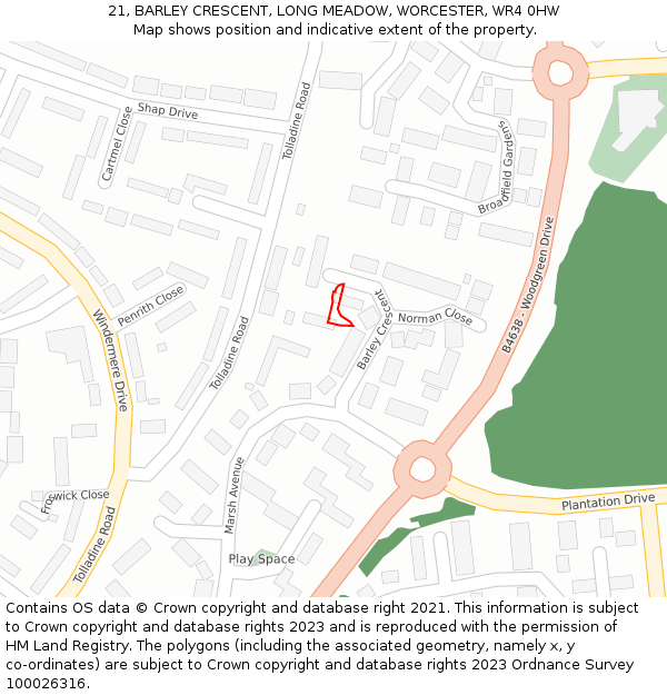 21, BARLEY CRESCENT, LONG MEADOW, WORCESTER, WR4 0HW: Location map and indicative extent of plot