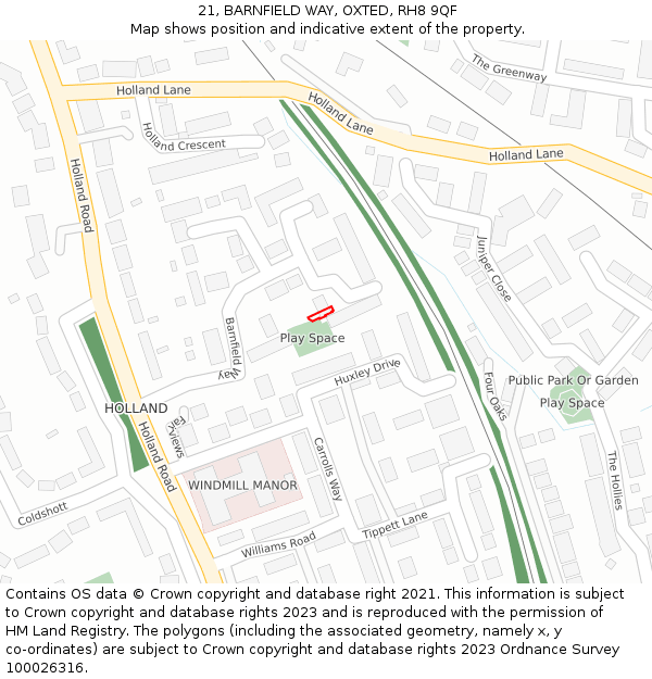 21, BARNFIELD WAY, OXTED, RH8 9QF: Location map and indicative extent of plot