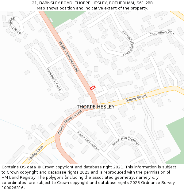 21, BARNSLEY ROAD, THORPE HESLEY, ROTHERHAM, S61 2RR: Location map and indicative extent of plot