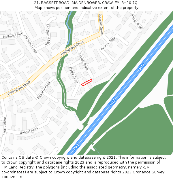 21, BASSETT ROAD, MAIDENBOWER, CRAWLEY, RH10 7QL: Location map and indicative extent of plot