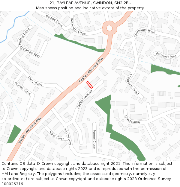 21, BAYLEAF AVENUE, SWINDON, SN2 2RU: Location map and indicative extent of plot