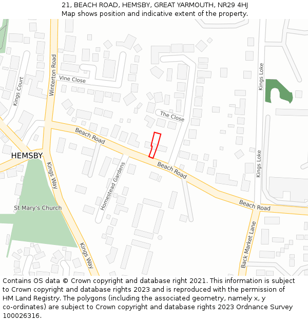 21, BEACH ROAD, HEMSBY, GREAT YARMOUTH, NR29 4HJ: Location map and indicative extent of plot