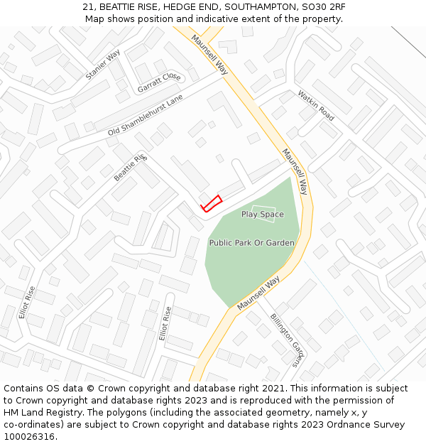 21, BEATTIE RISE, HEDGE END, SOUTHAMPTON, SO30 2RF: Location map and indicative extent of plot
