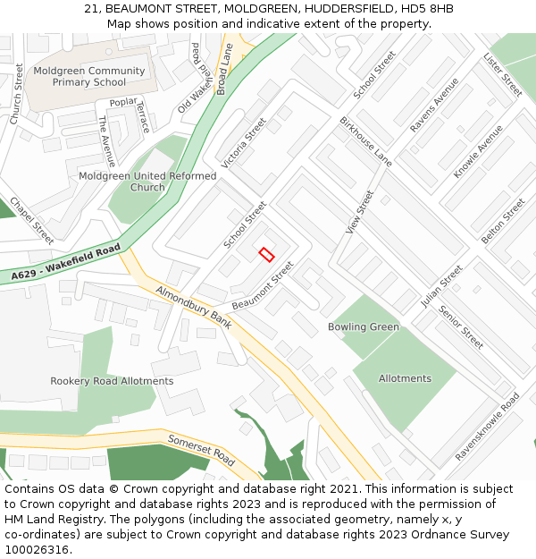 21, BEAUMONT STREET, MOLDGREEN, HUDDERSFIELD, HD5 8HB: Location map and indicative extent of plot