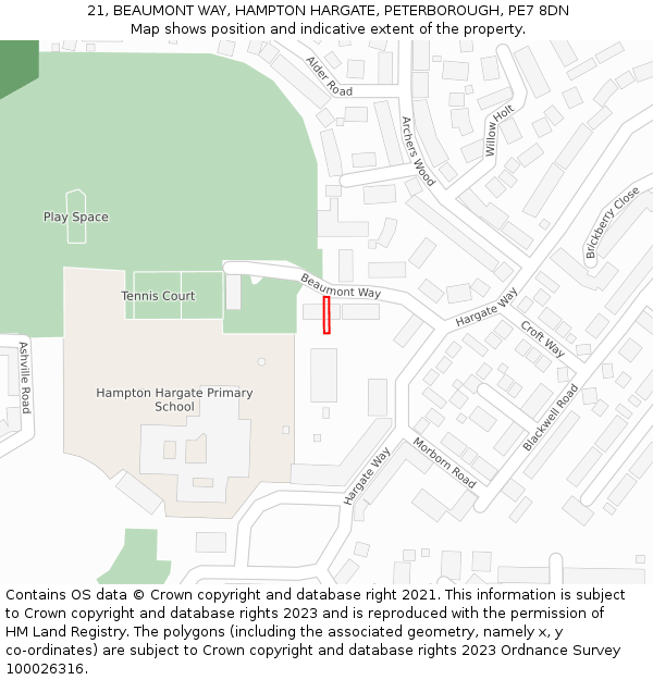 21, BEAUMONT WAY, HAMPTON HARGATE, PETERBOROUGH, PE7 8DN: Location map and indicative extent of plot