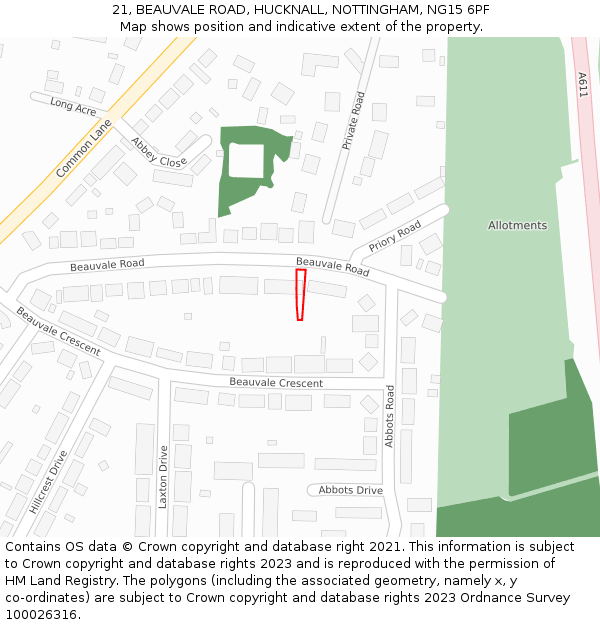 21, BEAUVALE ROAD, HUCKNALL, NOTTINGHAM, NG15 6PF: Location map and indicative extent of plot