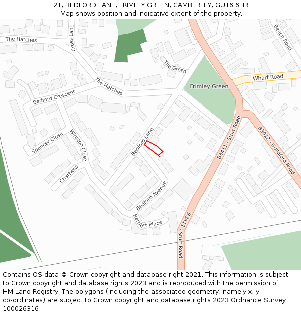 21, BEDFORD LANE, FRIMLEY GREEN, CAMBERLEY, GU16 6HR: Location map and indicative extent of plot