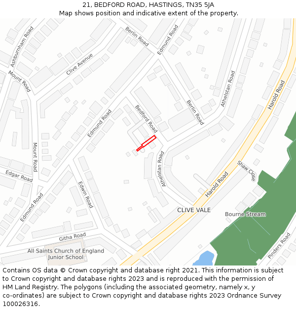 21, BEDFORD ROAD, HASTINGS, TN35 5JA: Location map and indicative extent of plot