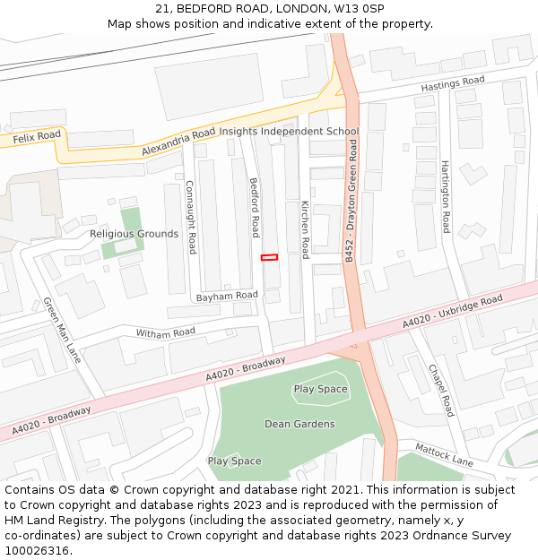 21, BEDFORD ROAD, LONDON, W13 0SP: Location map and indicative extent of plot