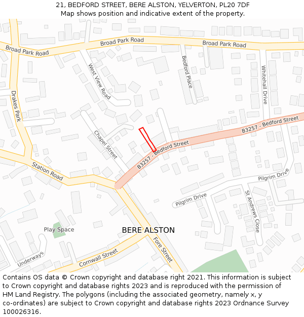 21, BEDFORD STREET, BERE ALSTON, YELVERTON, PL20 7DF: Location map and indicative extent of plot