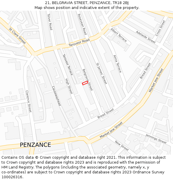 21, BELGRAVIA STREET, PENZANCE, TR18 2BJ: Location map and indicative extent of plot